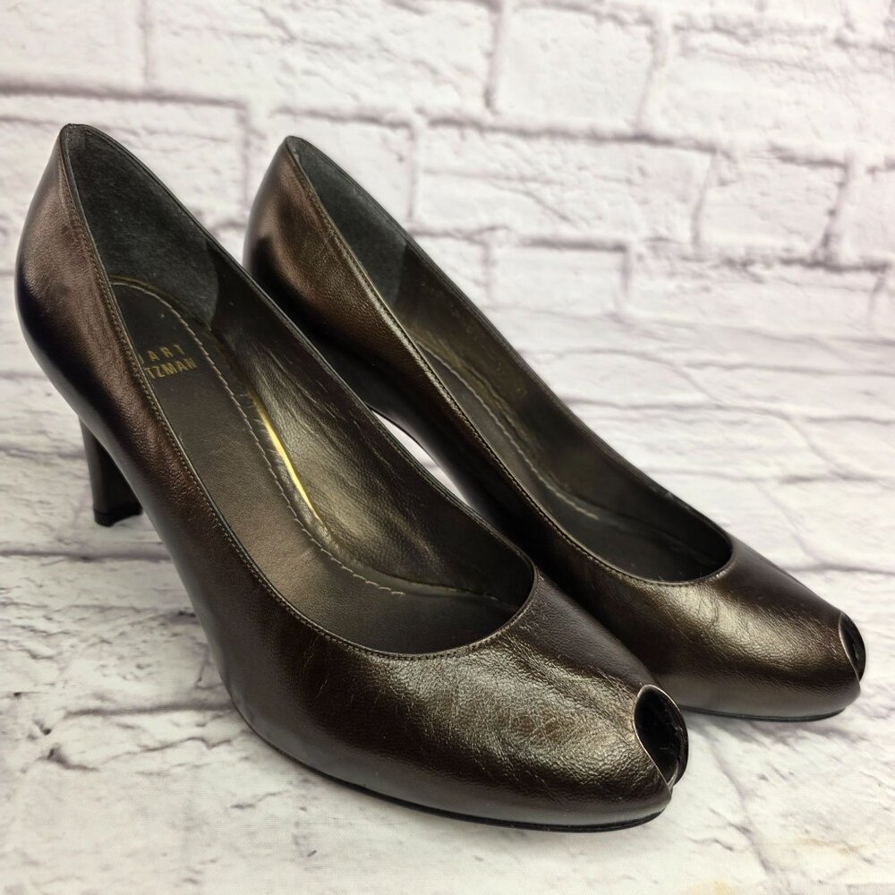 Stuart Weitzman Womens Shoes Sz 8 Cafe Pearl Leather Peep Toe High Heel Pumps - Picture 9 of 13